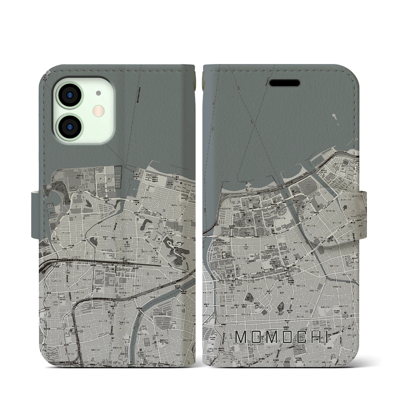 【百道(福岡県)】地図柄iPhoneケース(手帳タイプ)モノトーン・iPhone 12 mini 用