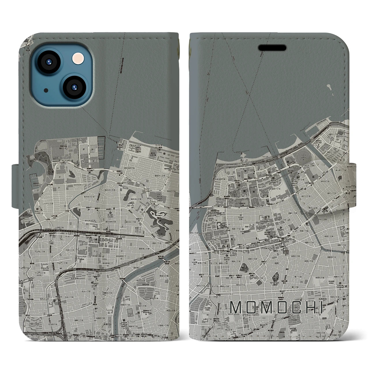 【百道(福岡県)】地図柄iPhoneケース(手帳タイプ)モノトーン・iPhone 13 用