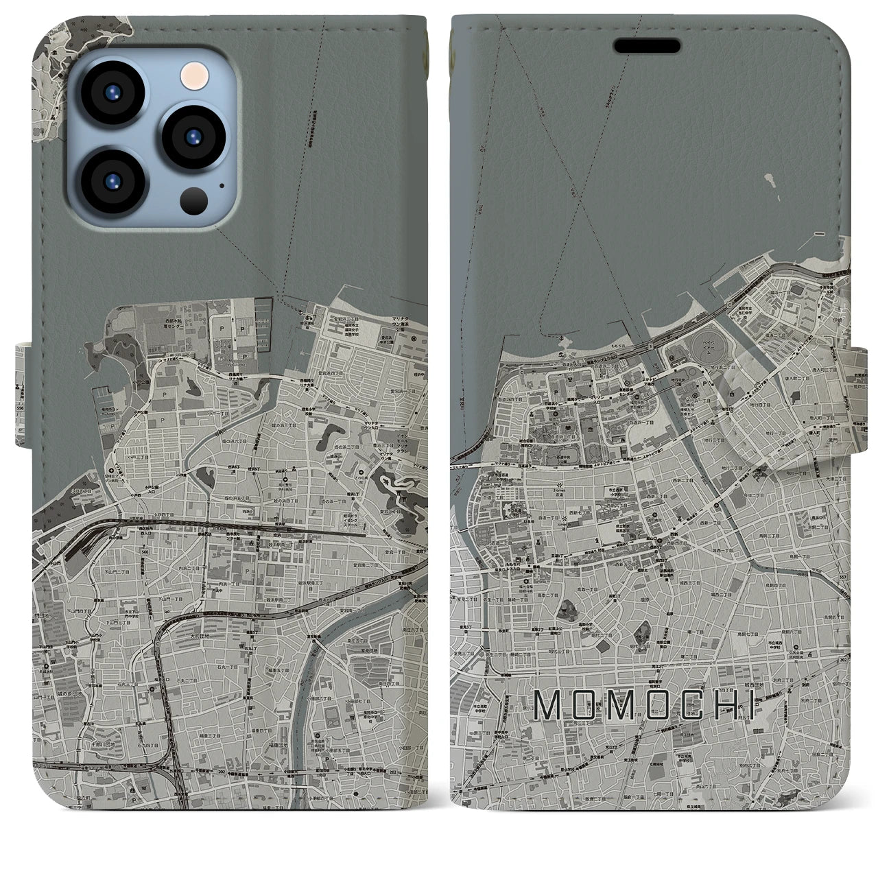 【百道(福岡県)】地図柄iPhoneケース(手帳タイプ)モノトーン・iPhone 13 Pro Max 用