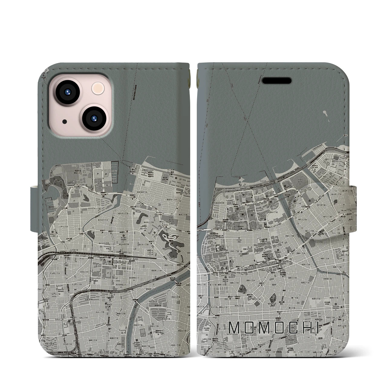 【百道(福岡県)】地図柄iPhoneケース(手帳タイプ)モノトーン・iPhone 13 mini 用