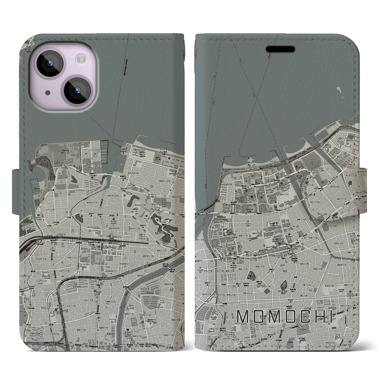 【百道(福岡県)】地図柄iPhoneケース(手帳タイプ)モノトーン・iPhone 14 用