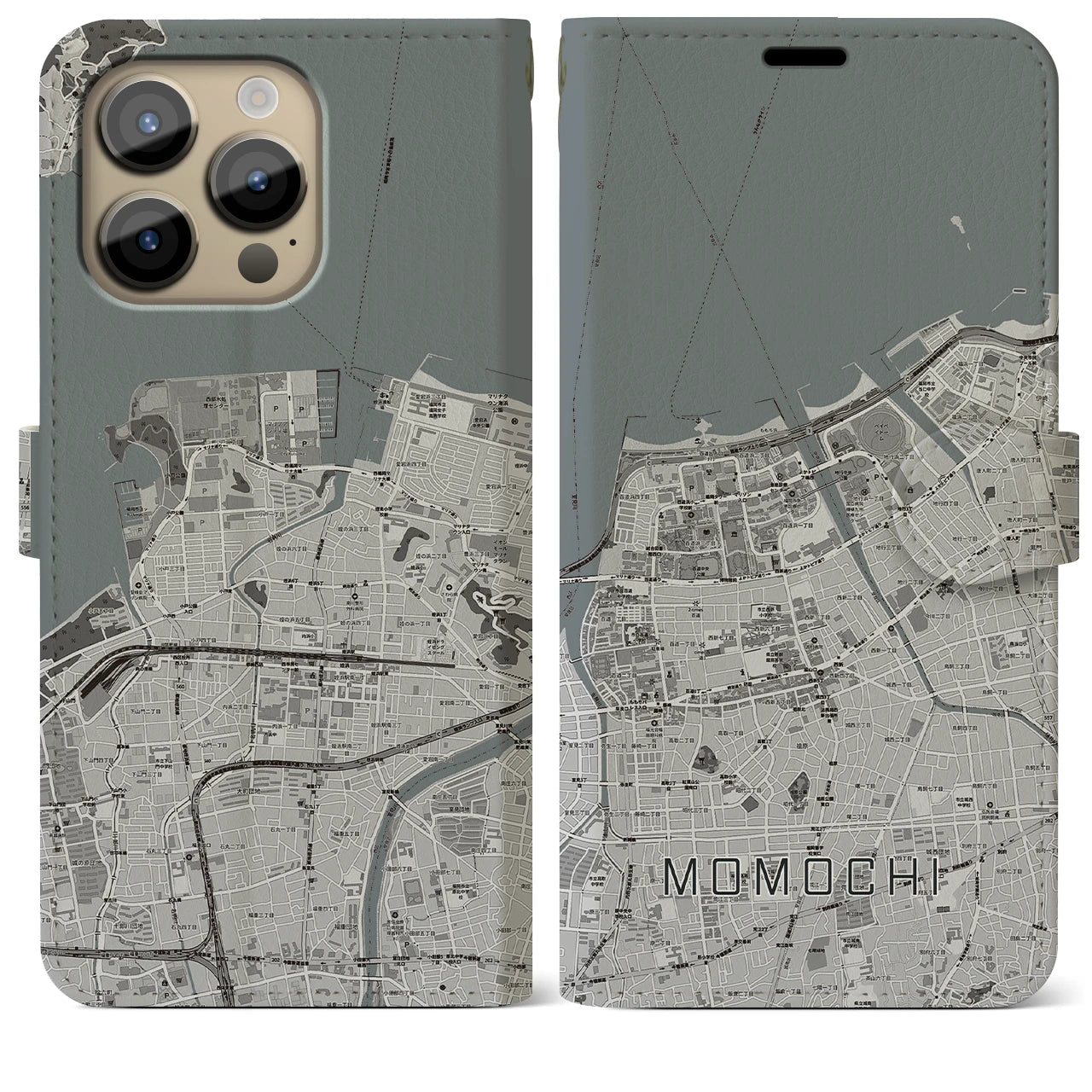 【百道(福岡県)】地図柄iPhoneケース(手帳タイプ)モノトーン・iPhone 14 Pro Max 用