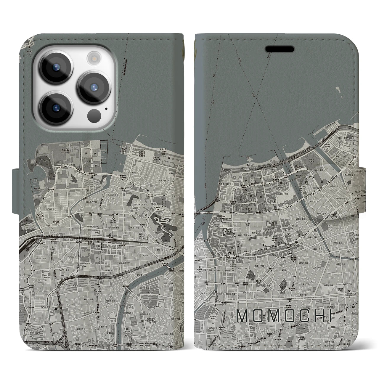 【百道(福岡県)】地図柄iPhoneケース(手帳タイプ)モノトーン・iPhone 14 Pro 用