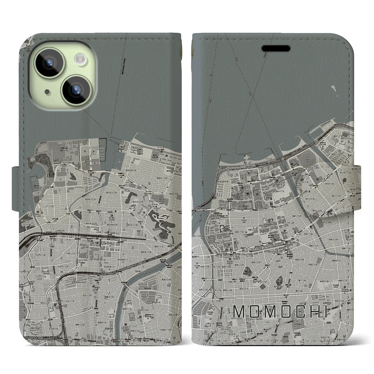 【百道(福岡県)】地図柄iPhoneケース(手帳タイプ)モノトーン・iPhone 15 用