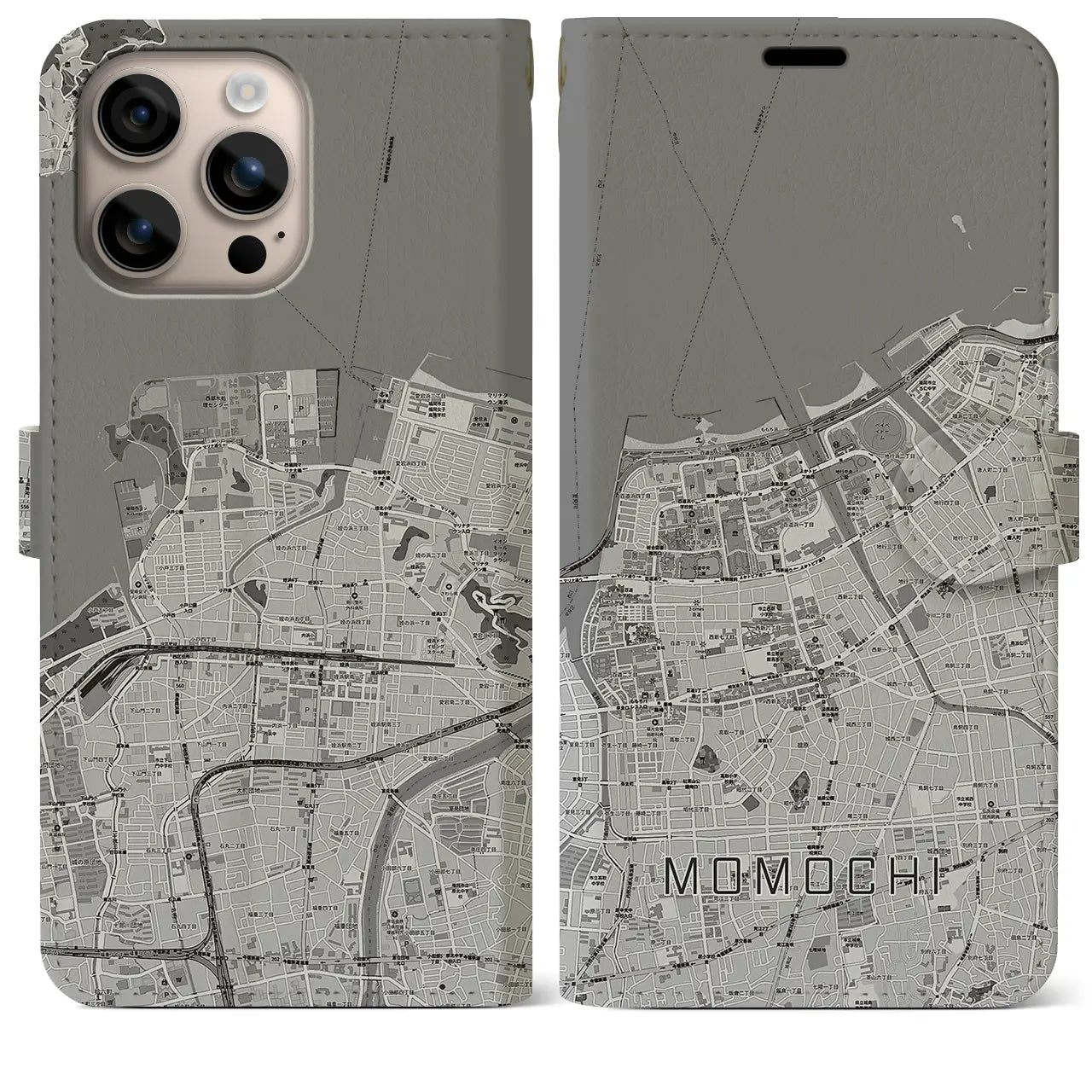 【百道(福岡県)】地図柄iPhoneケース(手帳タイプ)モノトーン・iPhone 16 Plus 用