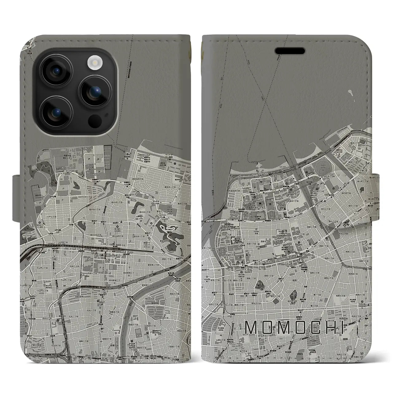 【百道(福岡県)】地図柄iPhoneケース(手帳タイプ)モノトーン・iPhone 16 用