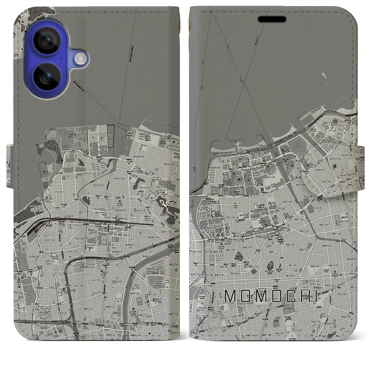 【百道(福岡県)】地図柄iPhoneケース(手帳タイプ)モノトーン・iPhone 16 Pro Max 用
