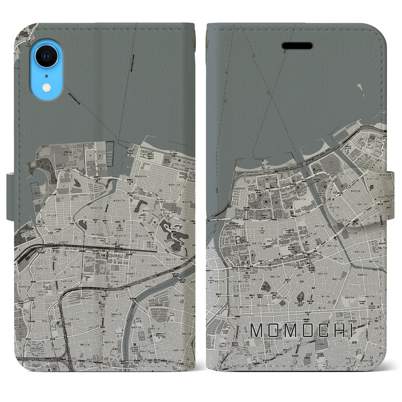 【百道(福岡県)】地図柄iPhoneケース(手帳タイプ)モノトーン・iPhone XR 用