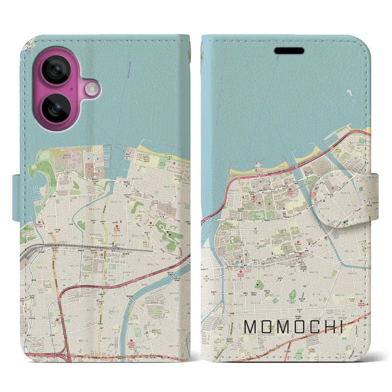 【百道(福岡県)】地図柄iPhoneケース(手帳タイプ)ナチュラル・iPhone 16 Pro 用