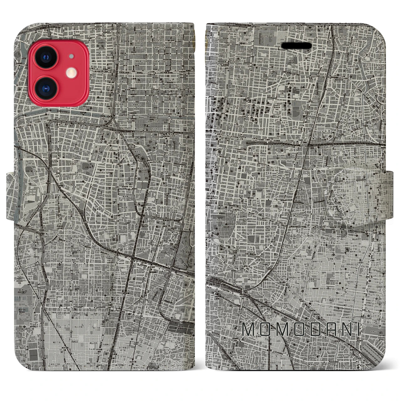 【桃谷(大阪府)】地図柄iPhoneケース(手帳タイプ)モノトーン・iPhone 11 用