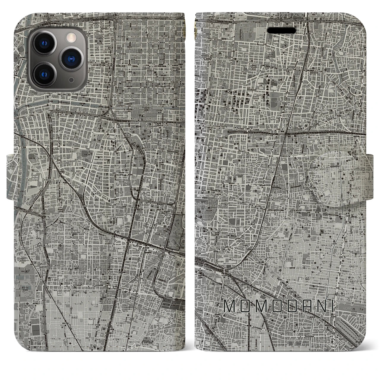 【桃谷(大阪府)】地図柄iPhoneケース(手帳タイプ)モノトーン・iPhone 11 Pro Max 用