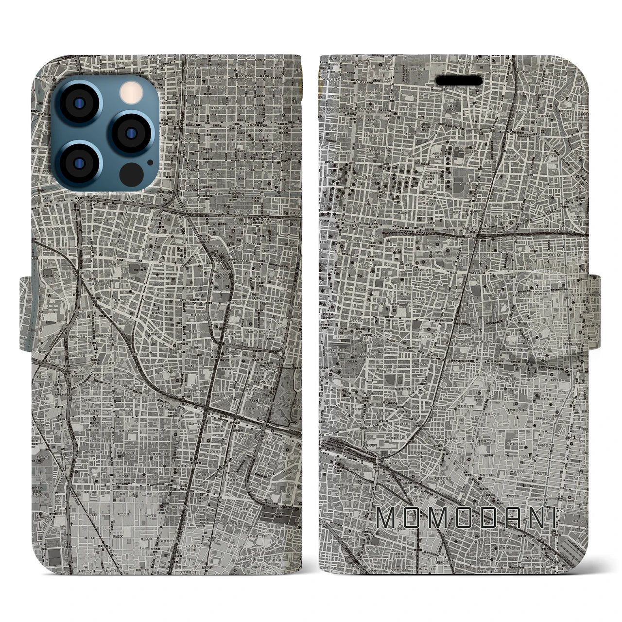 【桃谷(大阪府)】地図柄iPhoneケース(手帳タイプ)モノトーン・iPhone 12 / 12 Pro 用