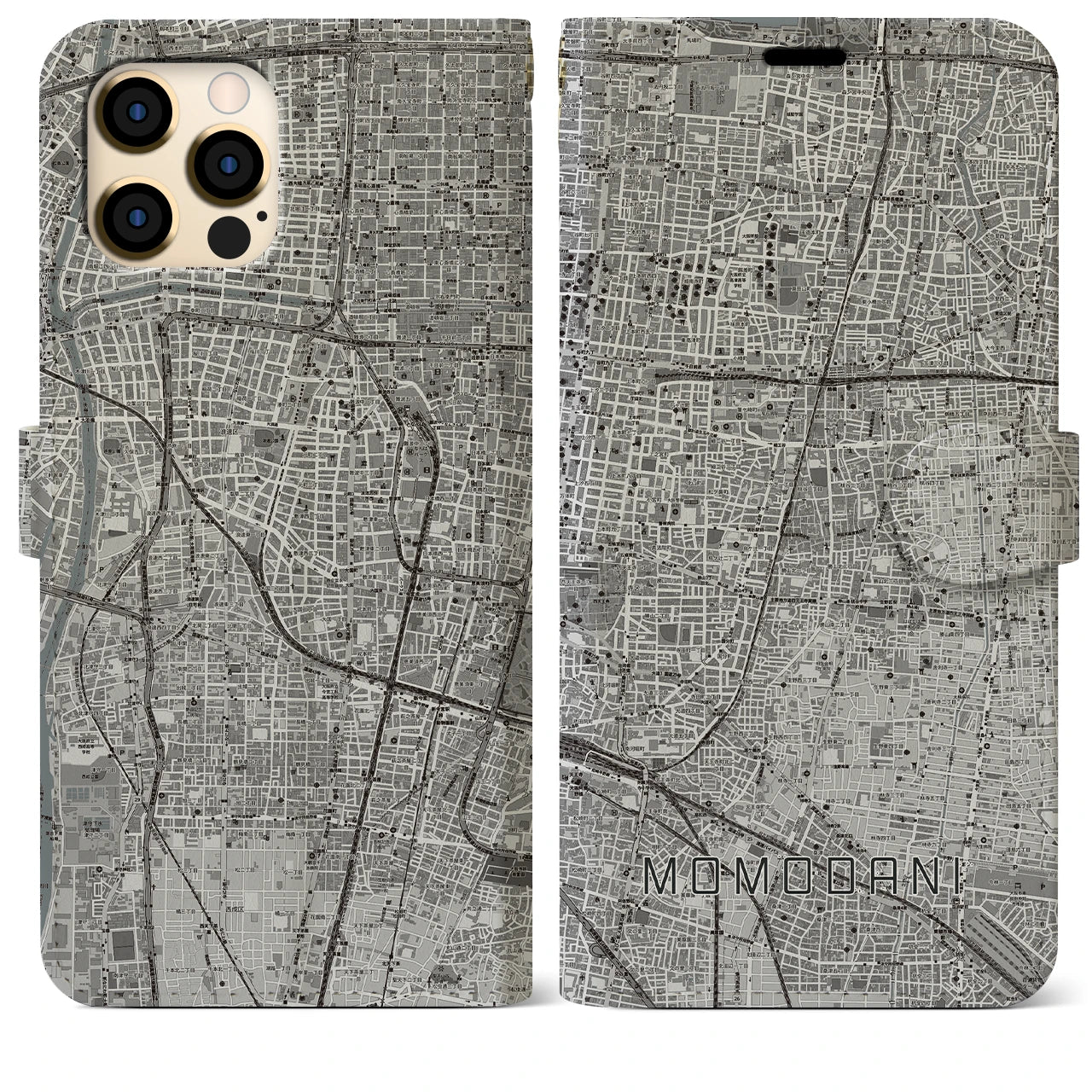 【桃谷(大阪府)】地図柄iPhoneケース(手帳タイプ)モノトーン・iPhone 12 Pro Max 用