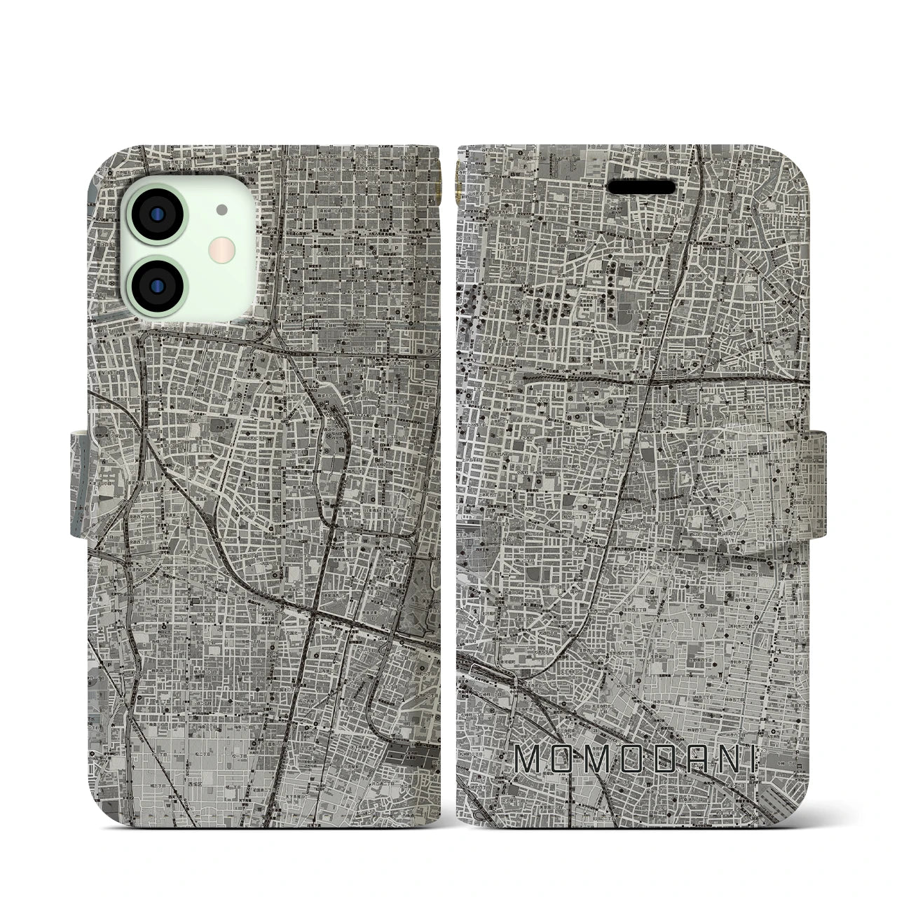 【桃谷(大阪府)】地図柄iPhoneケース(手帳タイプ)モノトーン・iPhone 12 mini 用