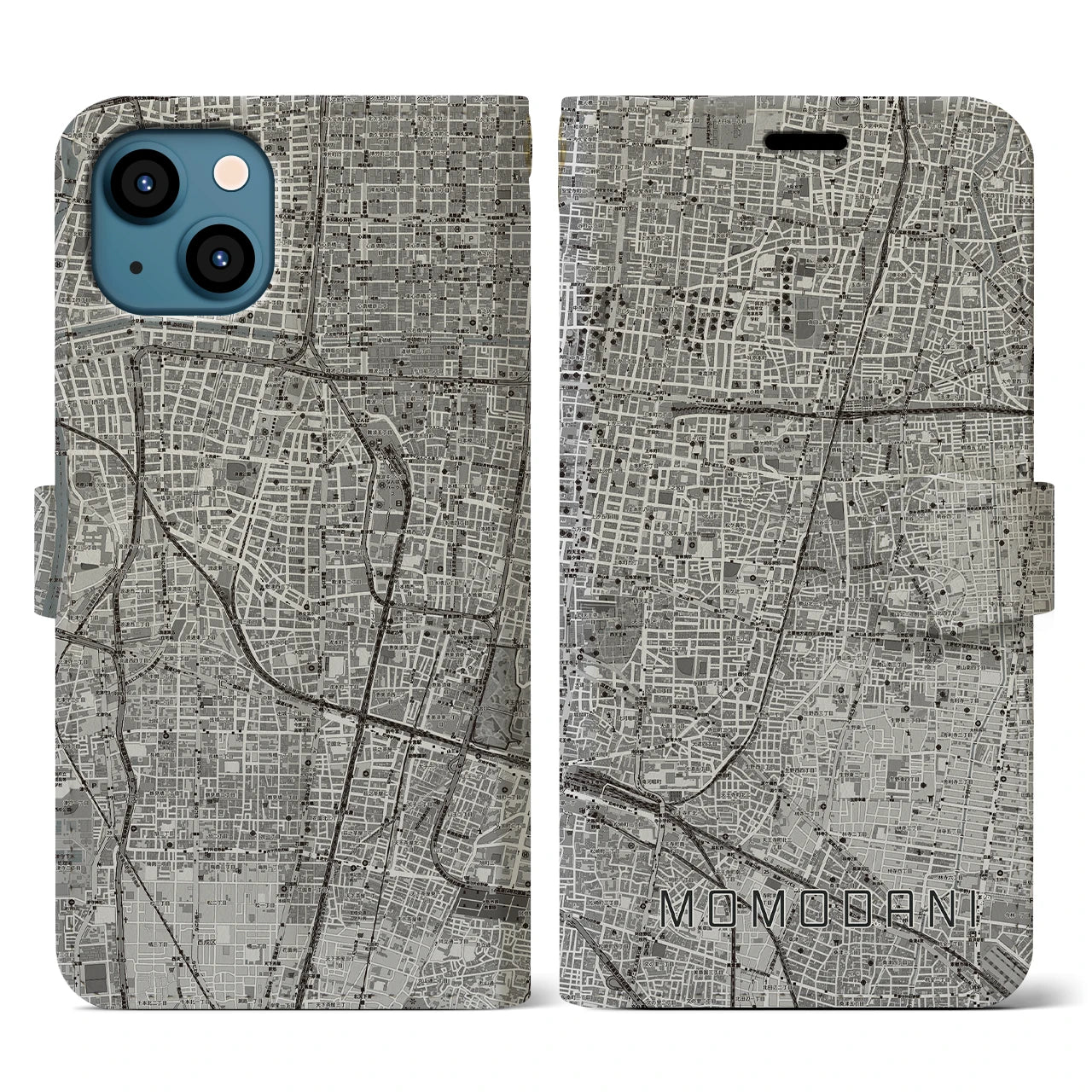【桃谷(大阪府)】地図柄iPhoneケース(手帳タイプ)モノトーン・iPhone 13 用