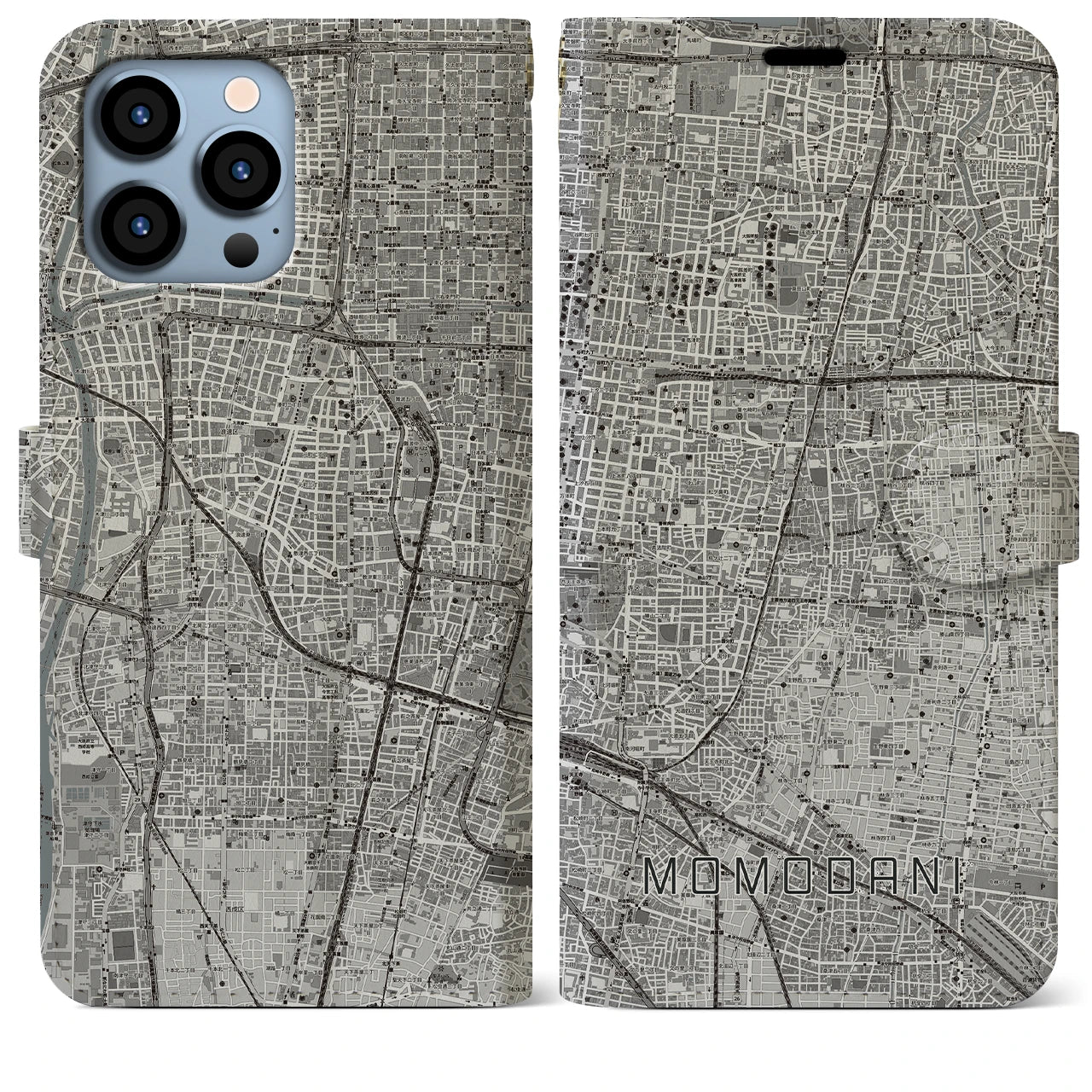 【桃谷(大阪府)】地図柄iPhoneケース(手帳タイプ)モノトーン・iPhone 13 Pro Max 用