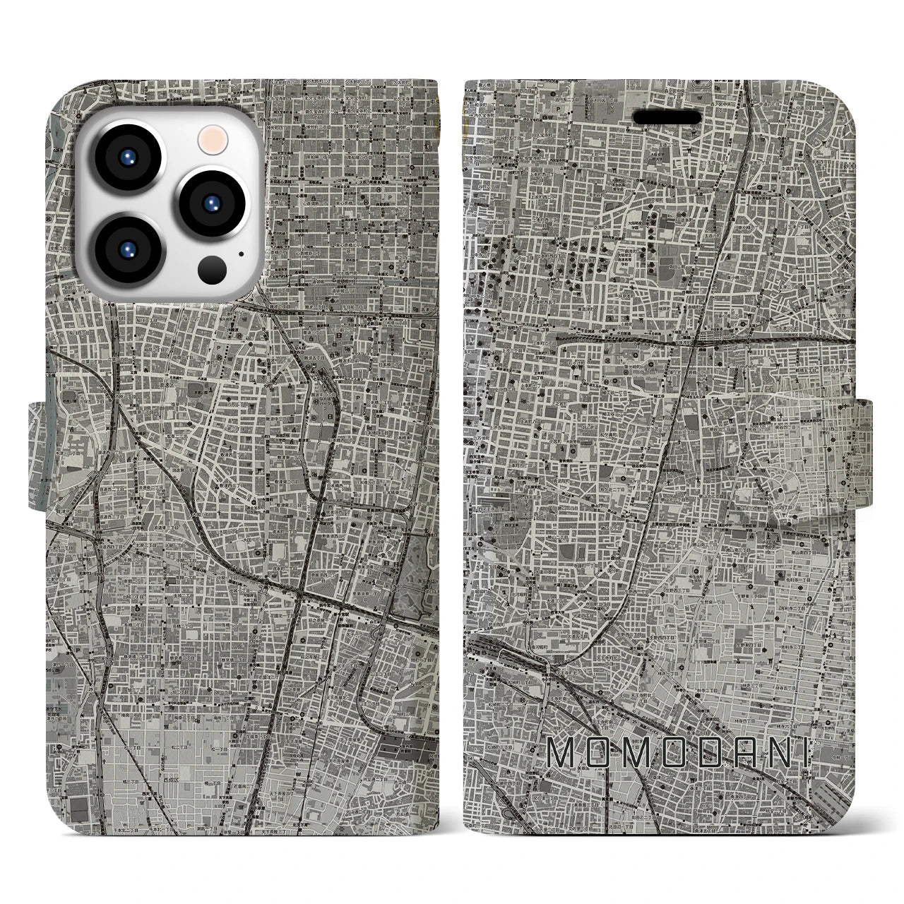【桃谷(大阪府)】地図柄iPhoneケース(手帳タイプ)モノトーン・iPhone 13 Pro 用