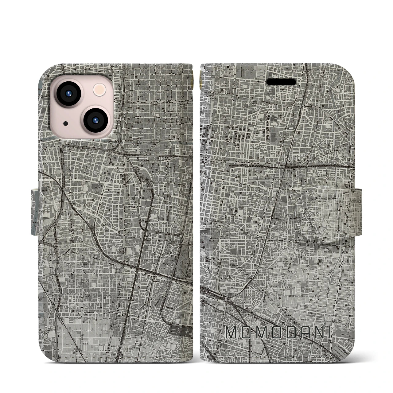 【桃谷(大阪府)】地図柄iPhoneケース(手帳タイプ)モノトーン・iPhone 13 mini 用
