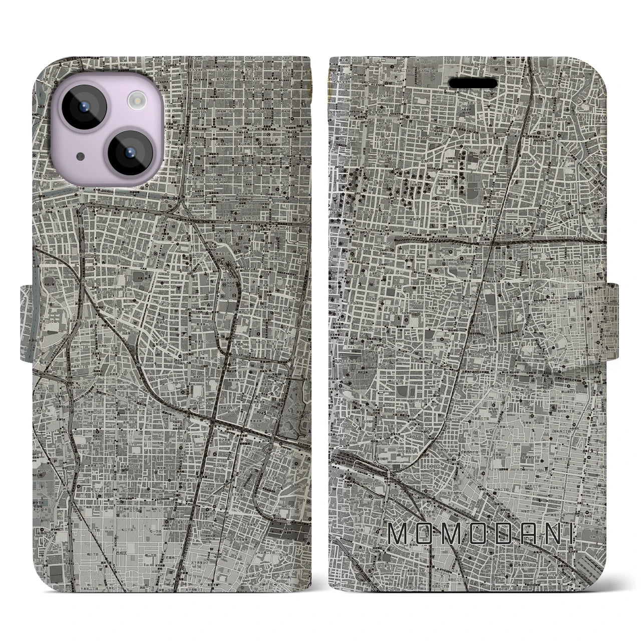 【桃谷(大阪府)】地図柄iPhoneケース(手帳タイプ)モノトーン・iPhone 14 用