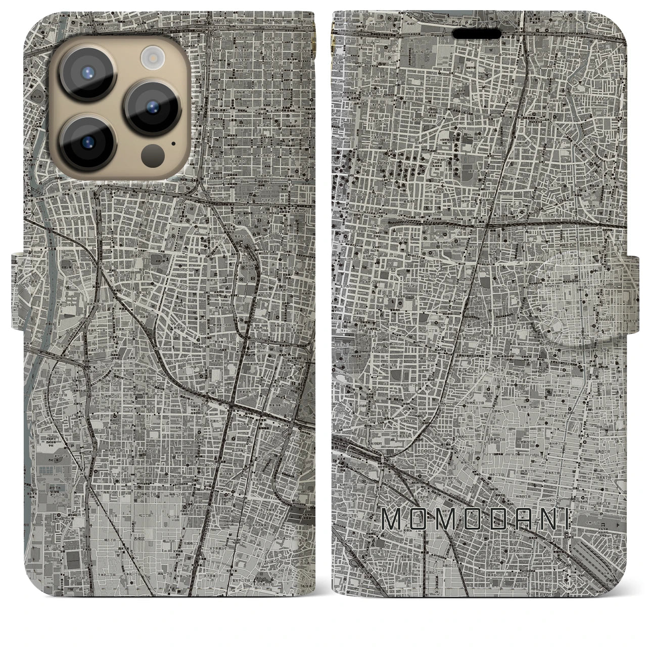 【桃谷(大阪府)】地図柄iPhoneケース(手帳タイプ)モノトーン・iPhone 14 Pro Max 用