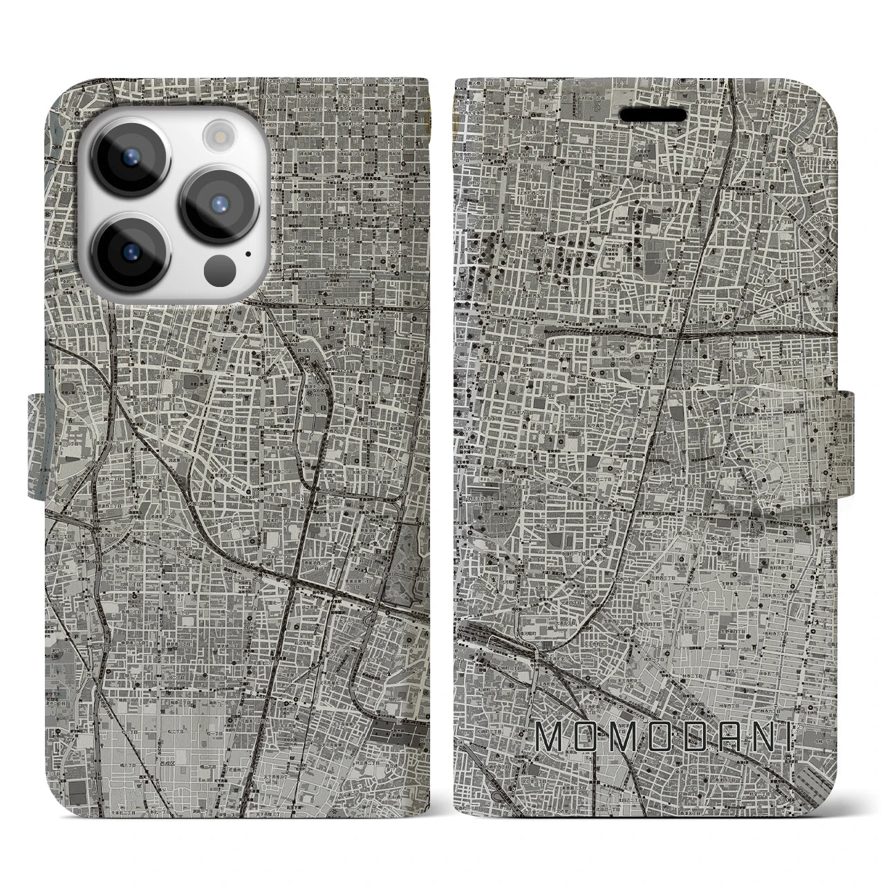 【桃谷(大阪府)】地図柄iPhoneケース(手帳タイプ)モノトーン・iPhone 14 Pro 用