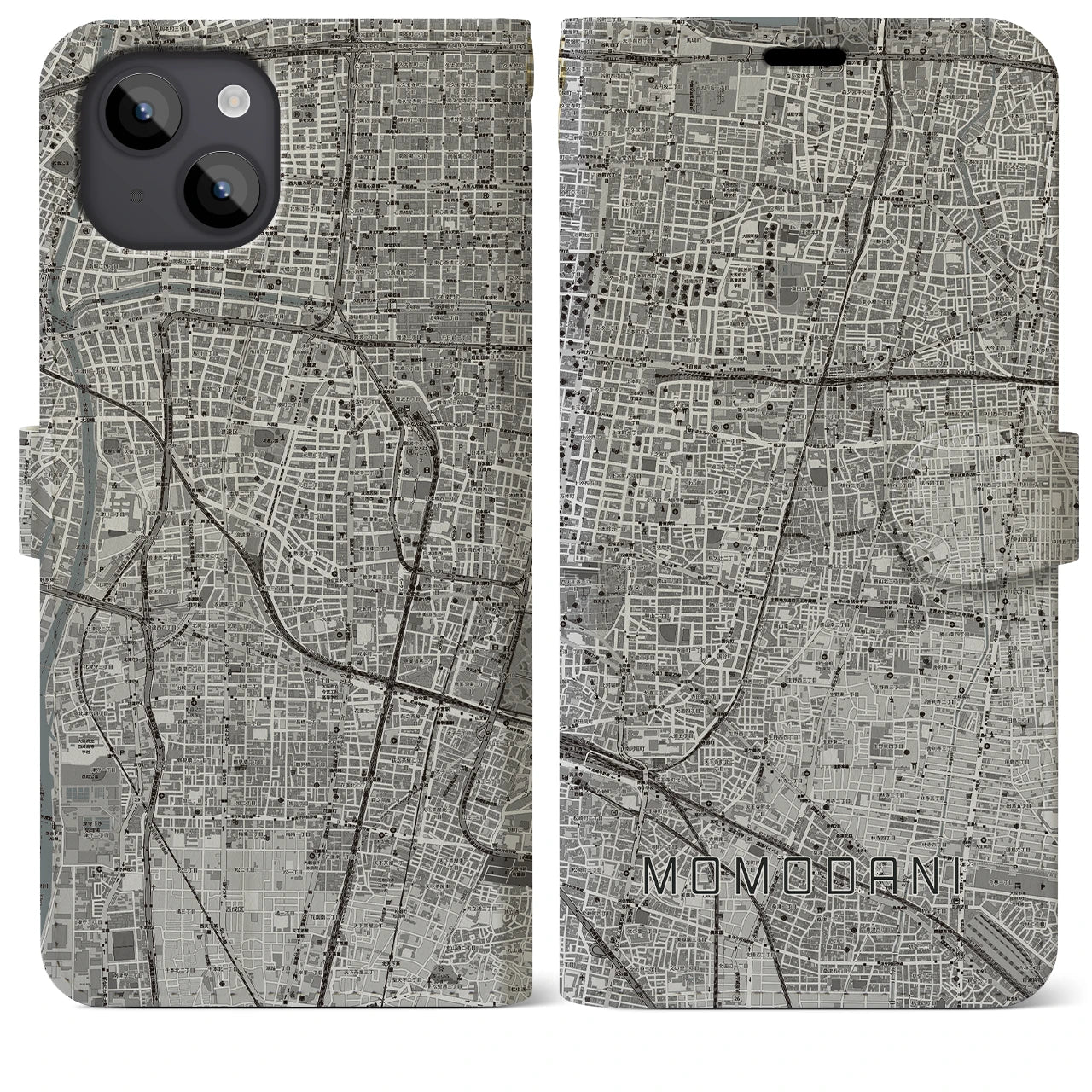 【桃谷(大阪府)】地図柄iPhoneケース(手帳タイプ)モノトーン・iPhone 14 Plus 用