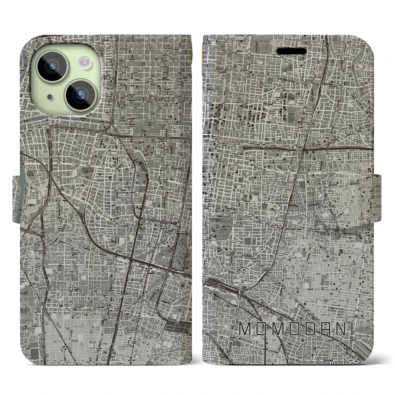 【桃谷(大阪府)】地図柄iPhoneケース(手帳タイプ)モノトーン・iPhone 15 用