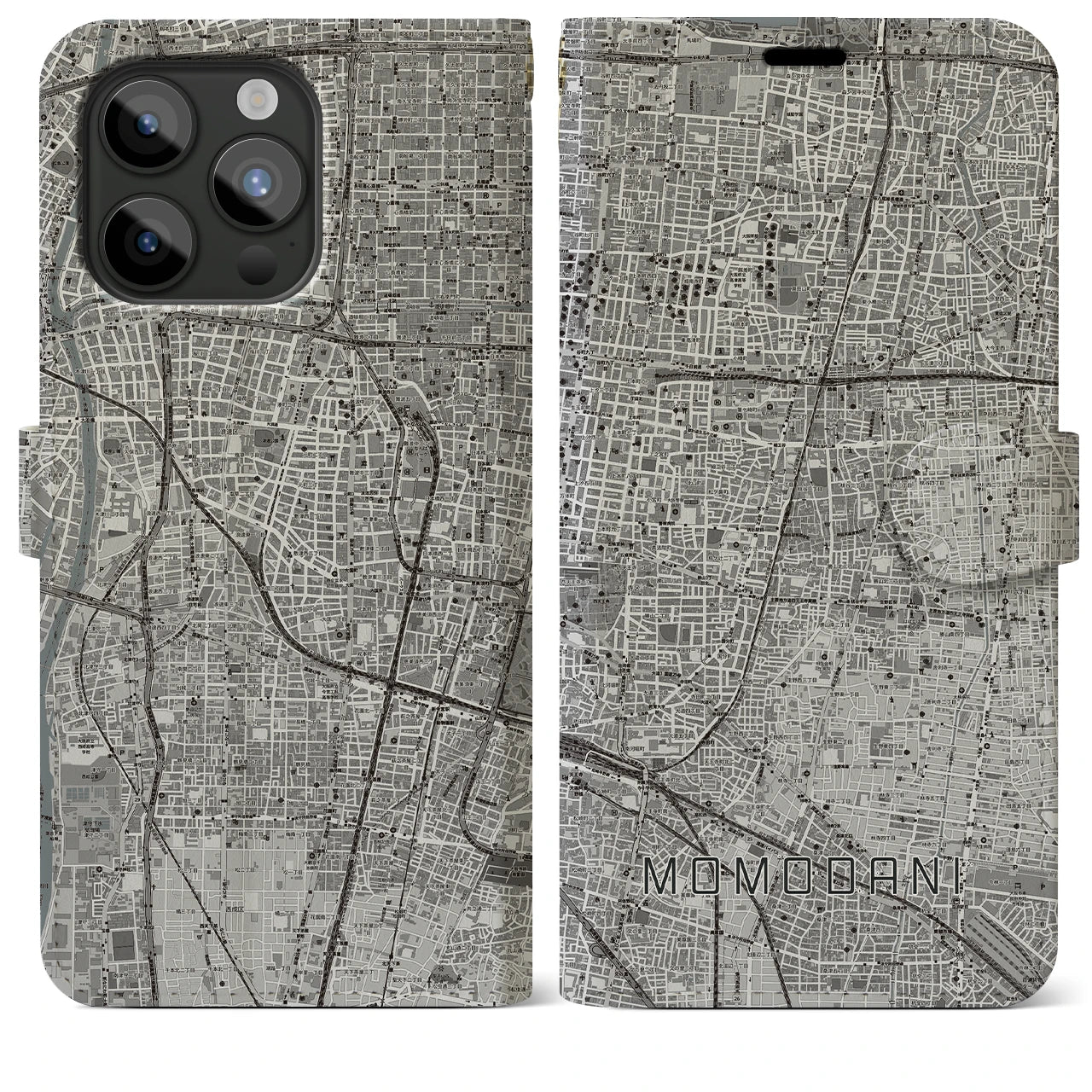 【桃谷(大阪府)】地図柄iPhoneケース(手帳タイプ)モノトーン・iPhone 15 Pro Max 用