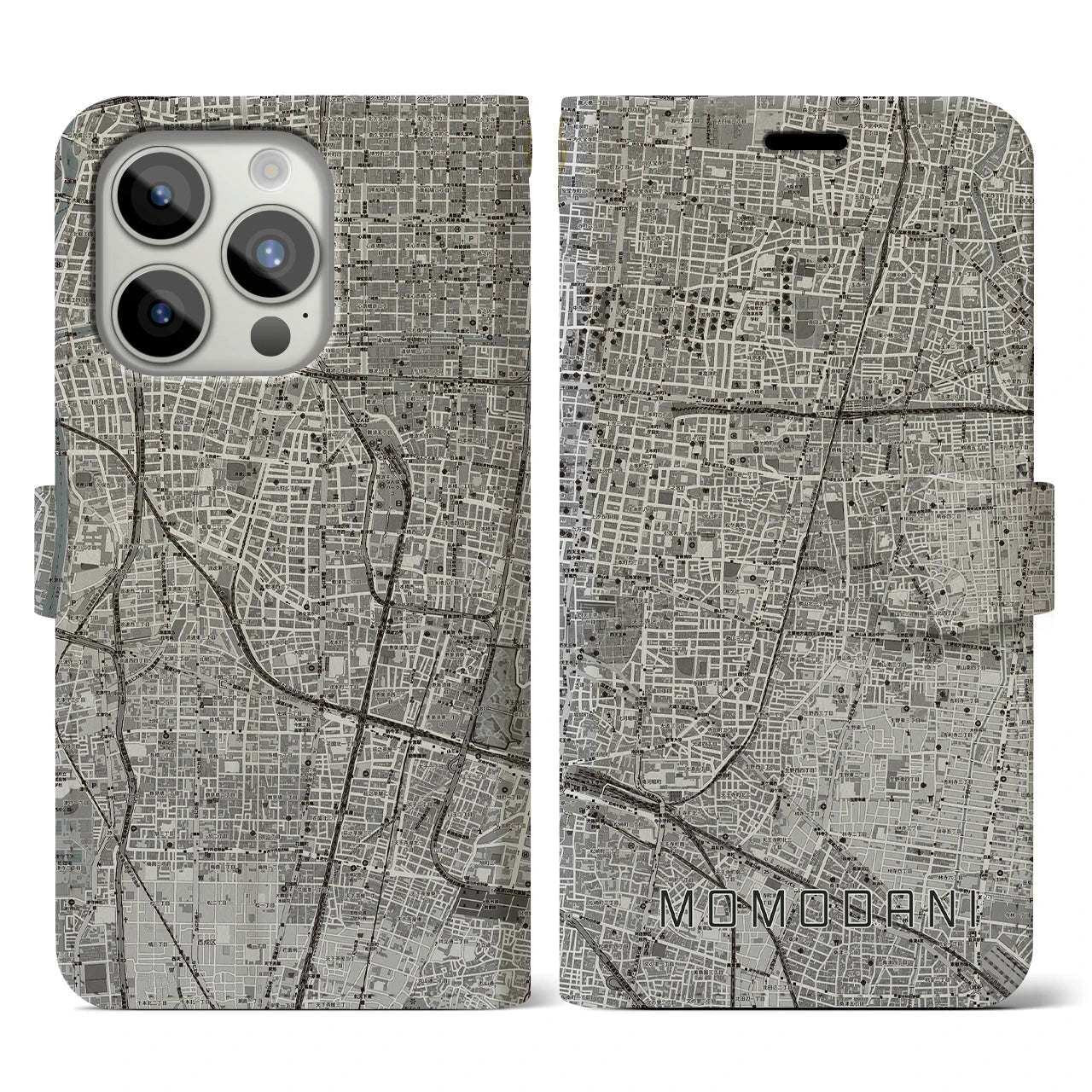 【桃谷(大阪府)】地図柄iPhoneケース(手帳タイプ)モノトーン・iPhone 15 Pro 用