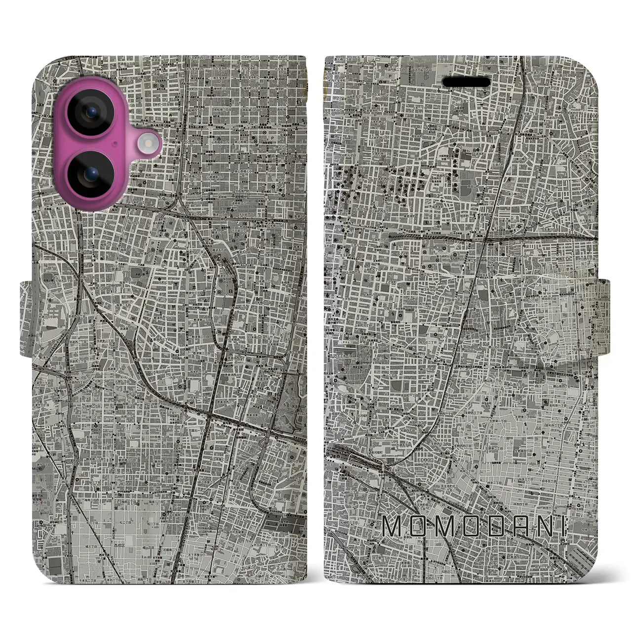 【桃谷(大阪府)】地図柄iPhoneケース(手帳タイプ)モノトーン・iPhone 16 Pro 用