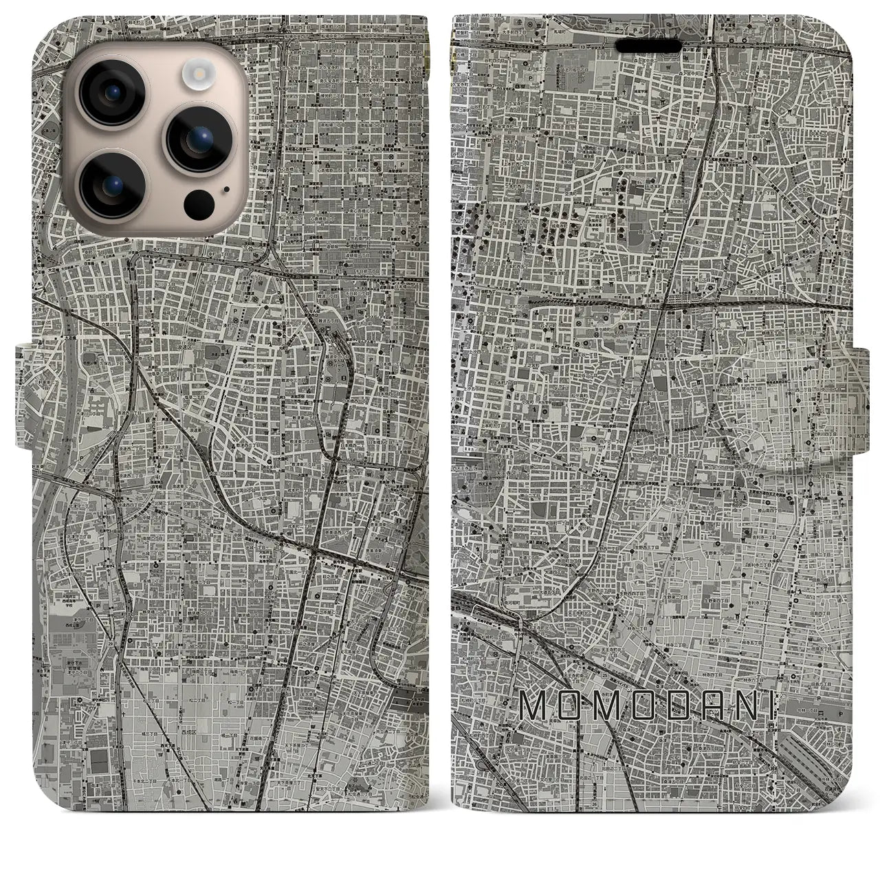 【桃谷(大阪府)】地図柄iPhoneケース(手帳タイプ)モノトーン・iPhone 16 Plus 用