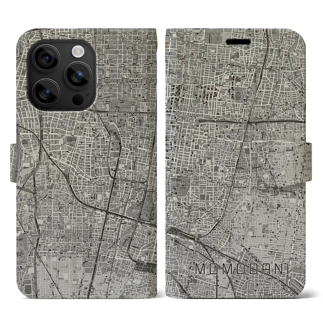 【桃谷(大阪府)】地図柄iPhoneケース(手帳タイプ)モノトーン・iPhone 16 用