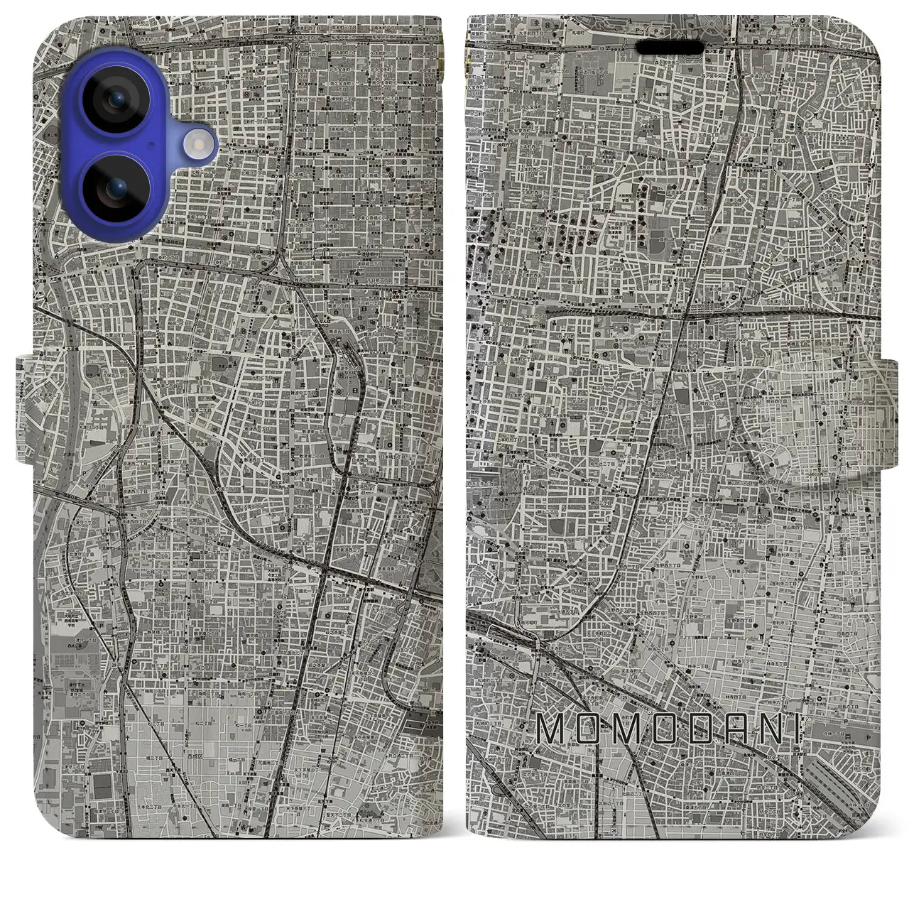 【桃谷(大阪府)】地図柄iPhoneケース(手帳タイプ)モノトーン・iPhone 16 Pro Max 用