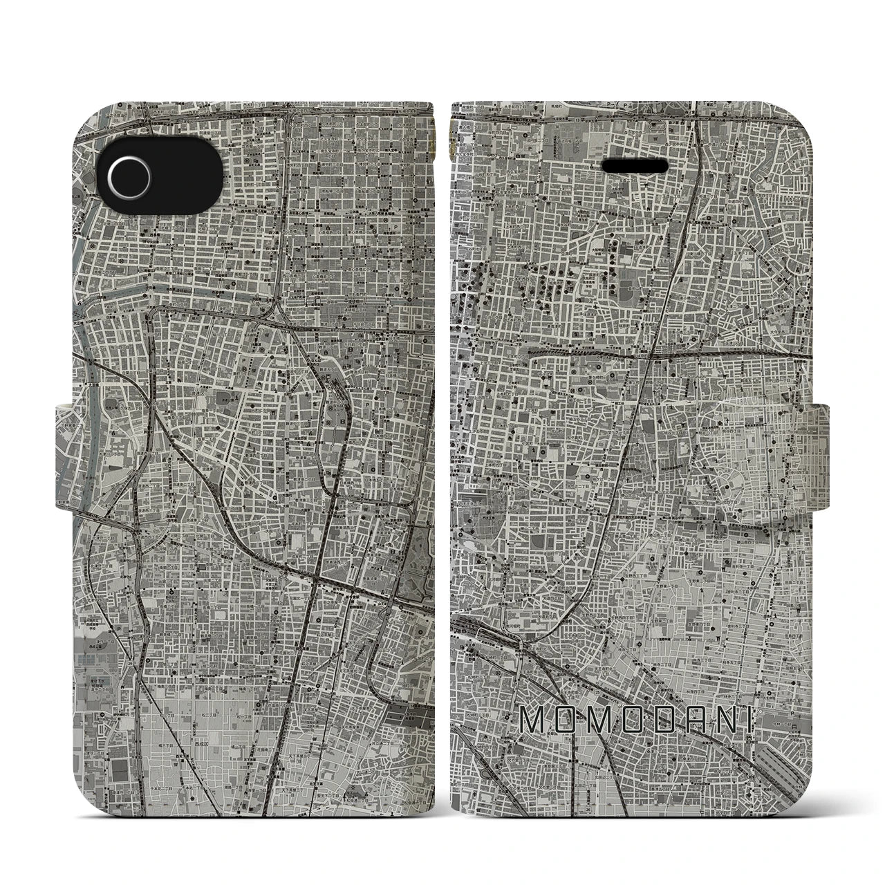 【桃谷(大阪府)】地図柄iPhoneケース(手帳タイプ)モノトーン・iPhone SE(第3 / 第2世代) / 8 / 7 / 6s / 6 用