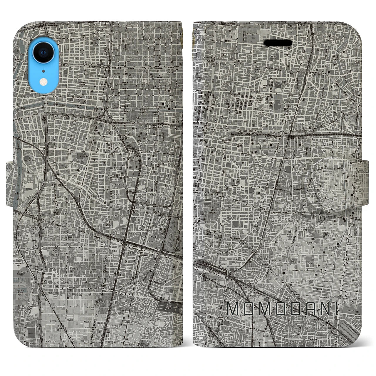 【桃谷(大阪府)】地図柄iPhoneケース(手帳タイプ)モノトーン・iPhone XR 用