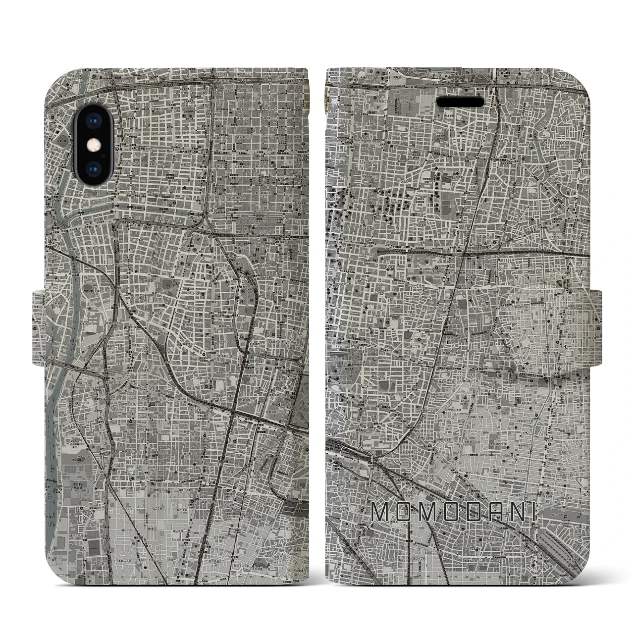 【桃谷(大阪府)】地図柄iPhoneケース(手帳タイプ)モノトーン・iPhone XS / X 用