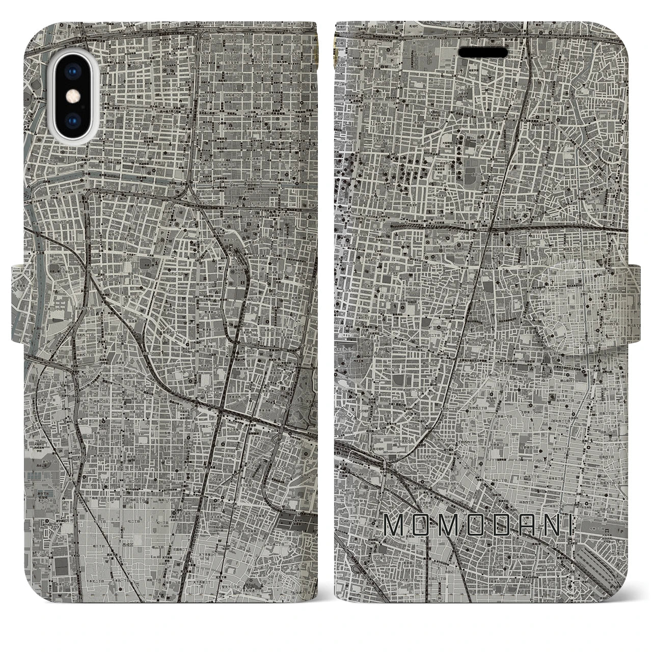 【桃谷(大阪府)】地図柄iPhoneケース(手帳タイプ)モノトーン・iPhone XS Max 用