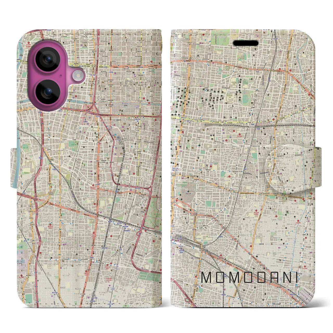 【桃谷(大阪府)】地図柄iPhoneケース(手帳タイプ)ナチュラル・iPhone 16 Pro 用