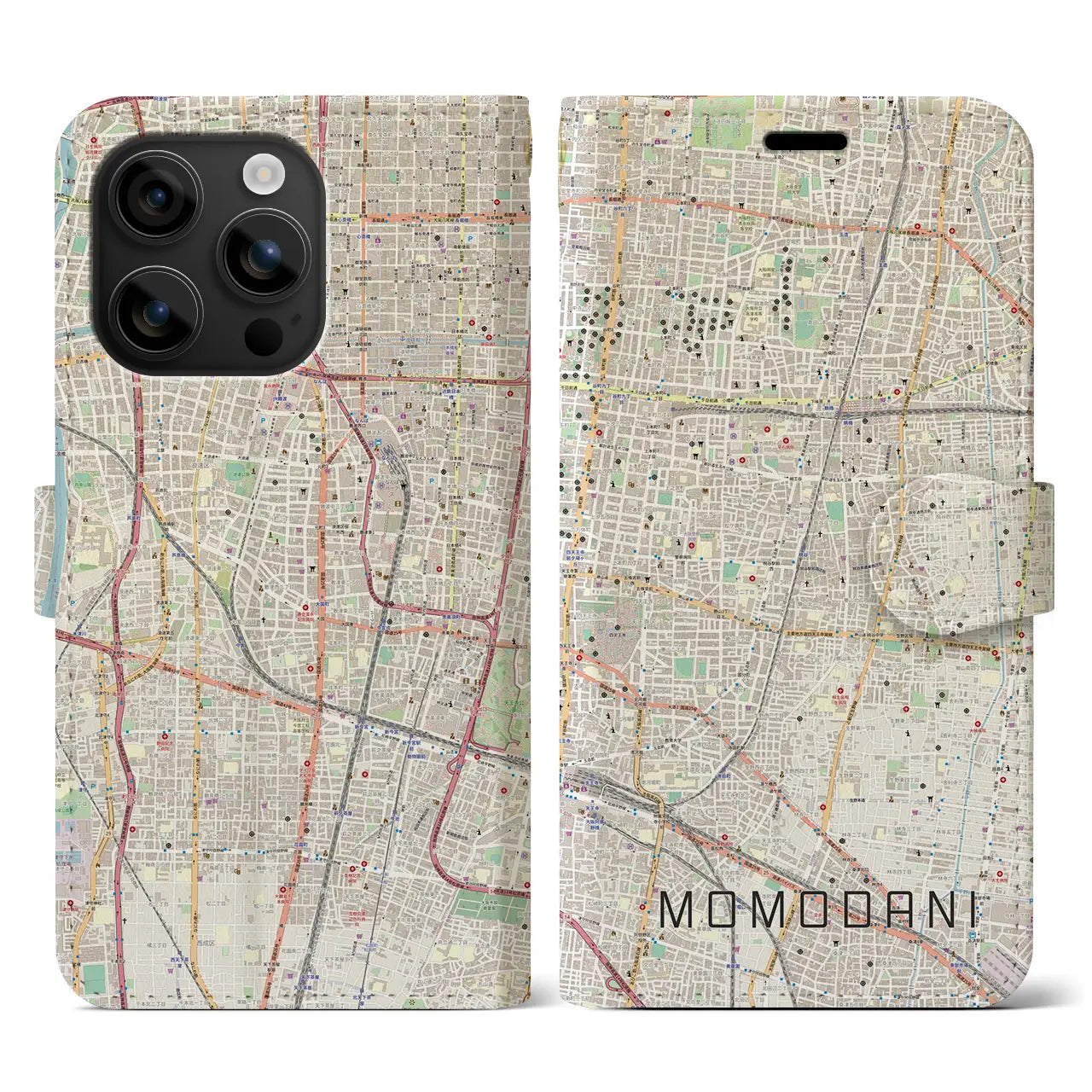 【桃谷(大阪府)】地図柄iPhoneケース(手帳タイプ)ナチュラル・iPhone 16 用