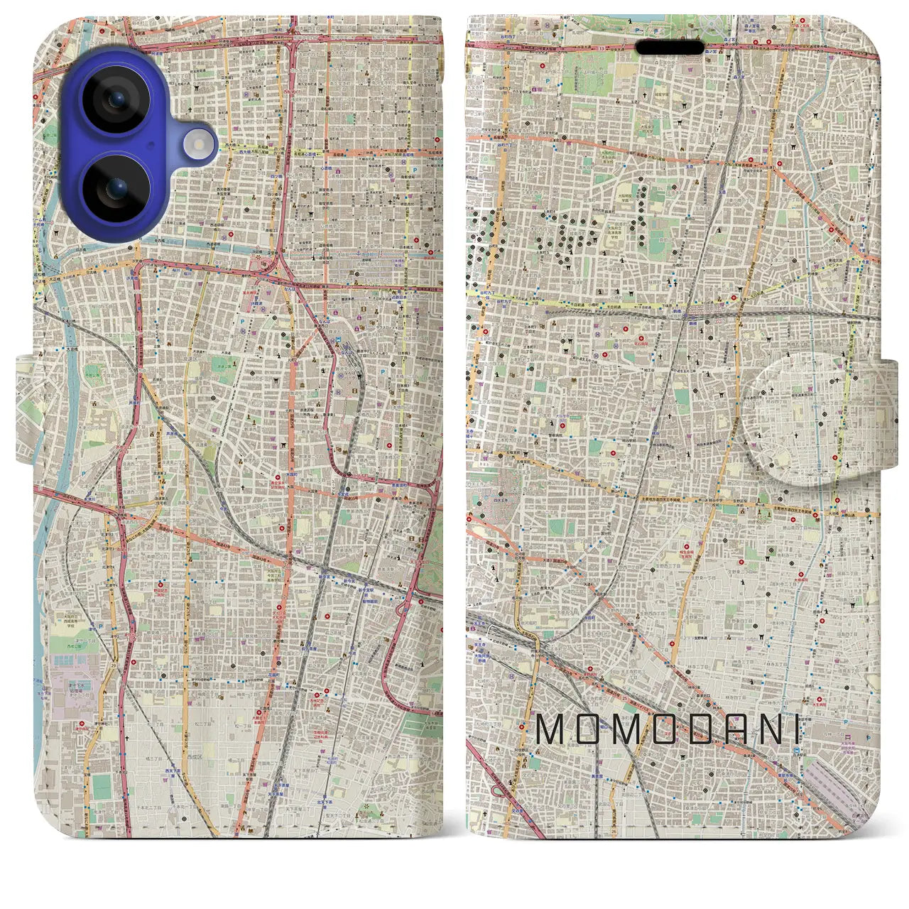 【桃谷(大阪府)】地図柄iPhoneケース(手帳タイプ)ナチュラル・iPhone 16 Pro Max 用