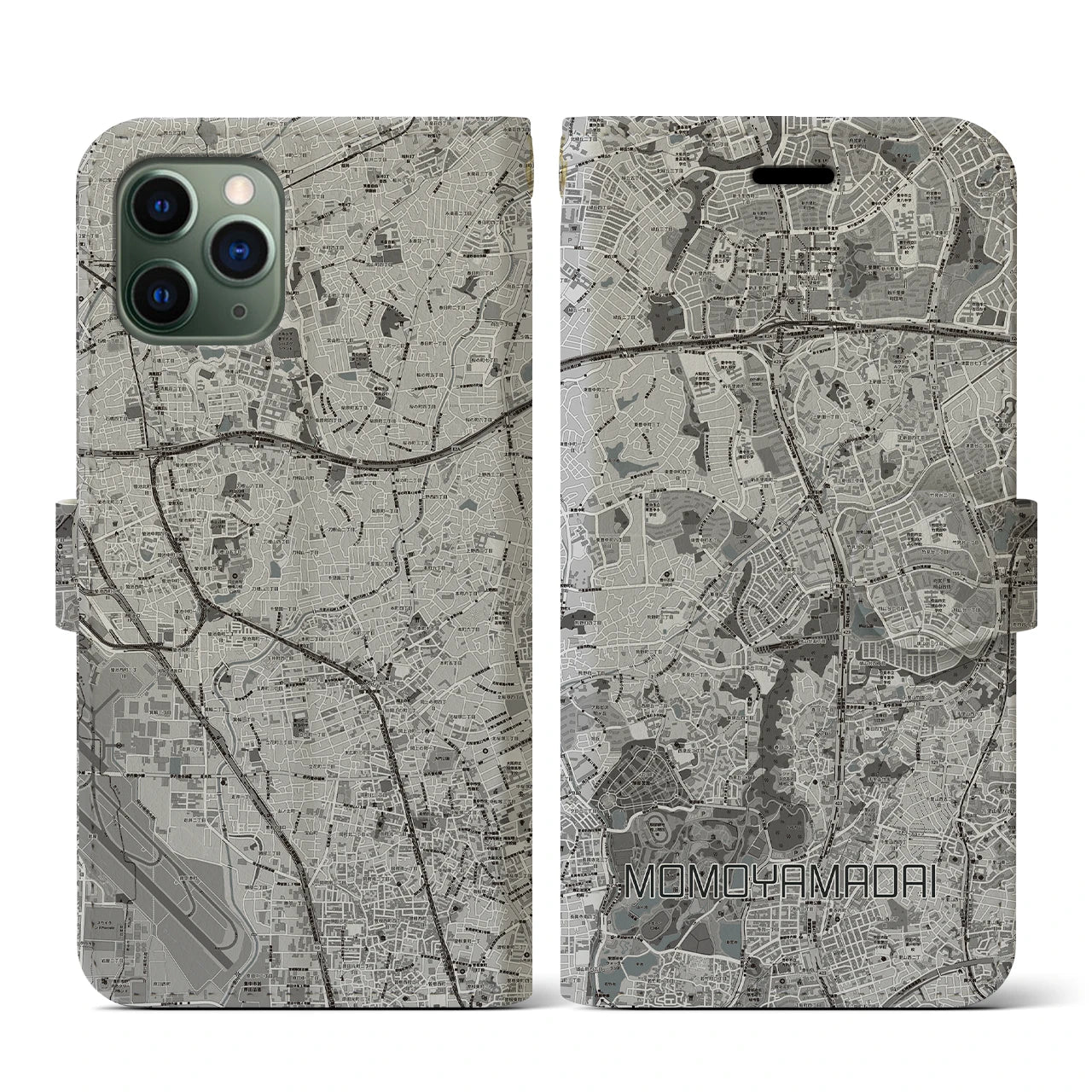 【桃山台(大阪府)】地図柄iPhoneケース(手帳タイプ)モノトーン・iPhone 11 Pro 用