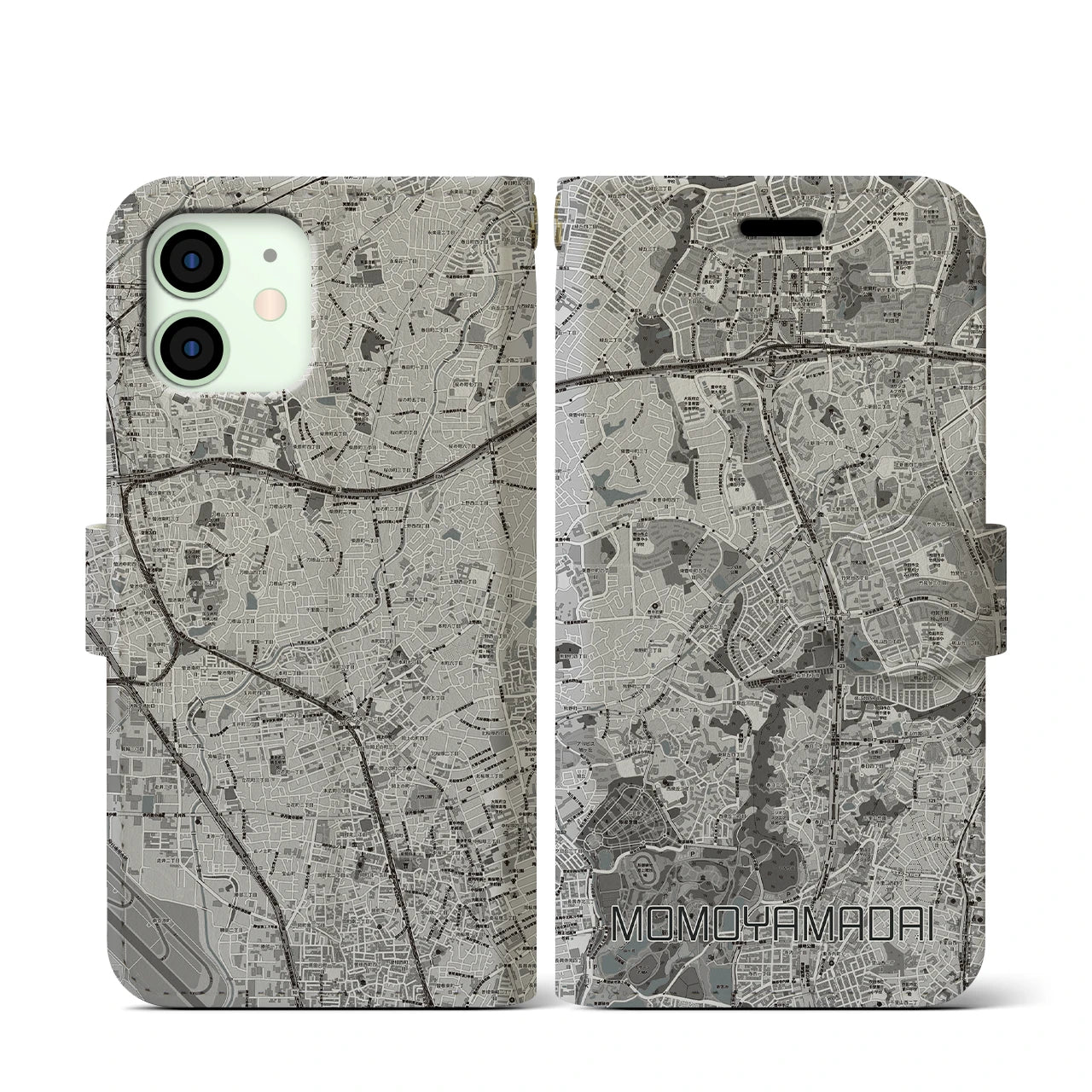 【桃山台(大阪府)】地図柄iPhoneケース(手帳タイプ)モノトーン・iPhone 12 mini 用