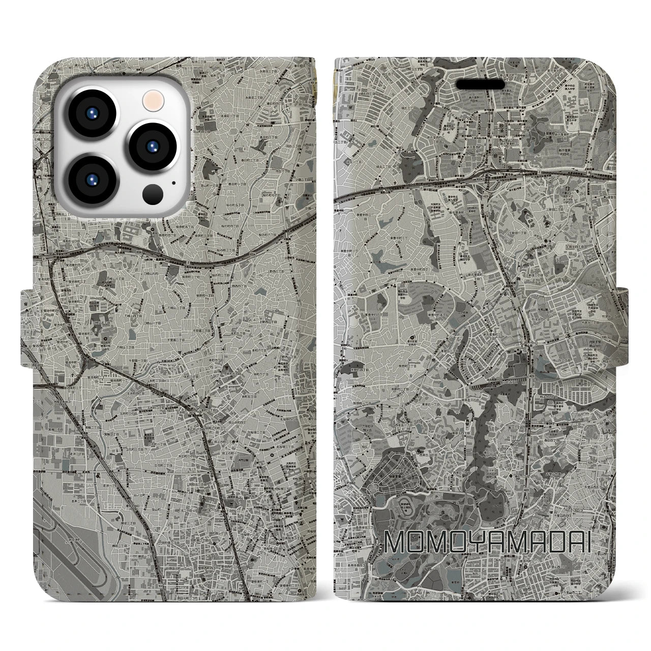 【桃山台(大阪府)】地図柄iPhoneケース(手帳タイプ)モノトーン・iPhone 13 Pro 用