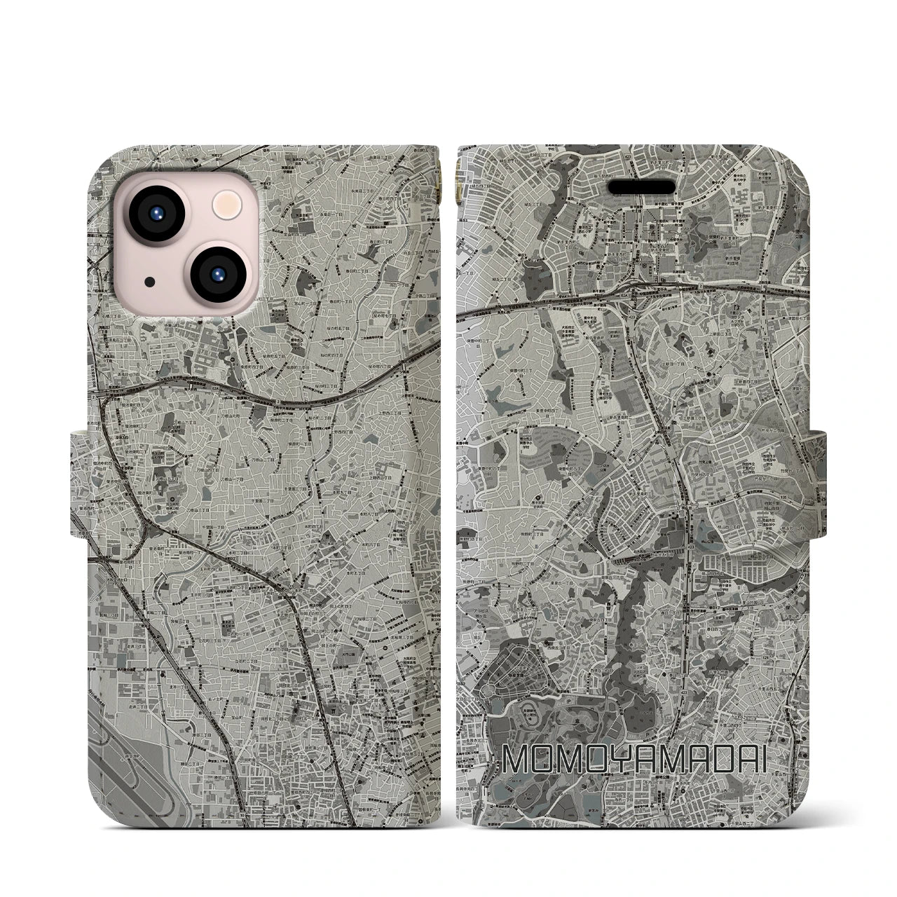 【桃山台(大阪府)】地図柄iPhoneケース(手帳タイプ)モノトーン・iPhone 13 mini 用