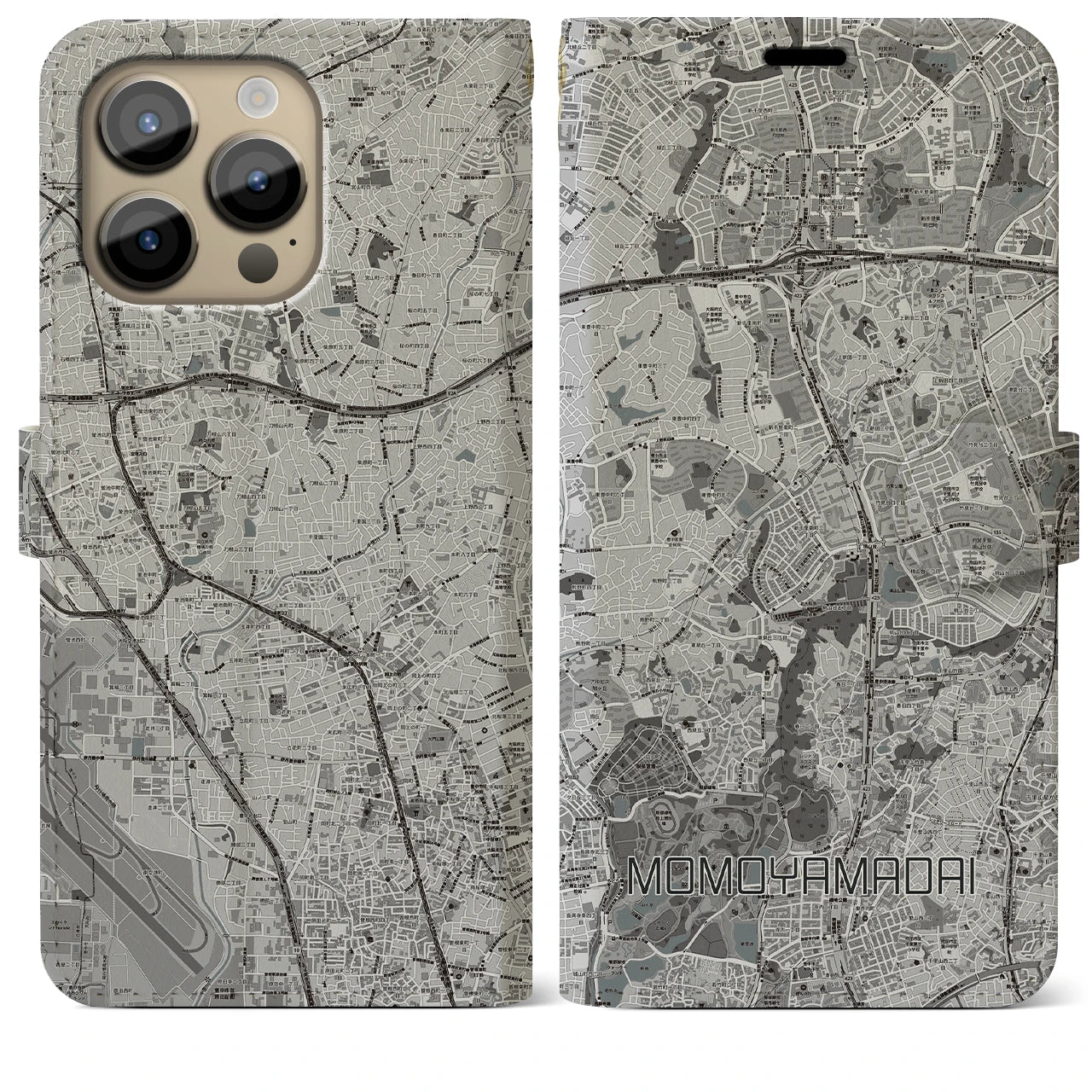 【桃山台(大阪府)】地図柄iPhoneケース(手帳タイプ)モノトーン・iPhone 14 Pro Max 用