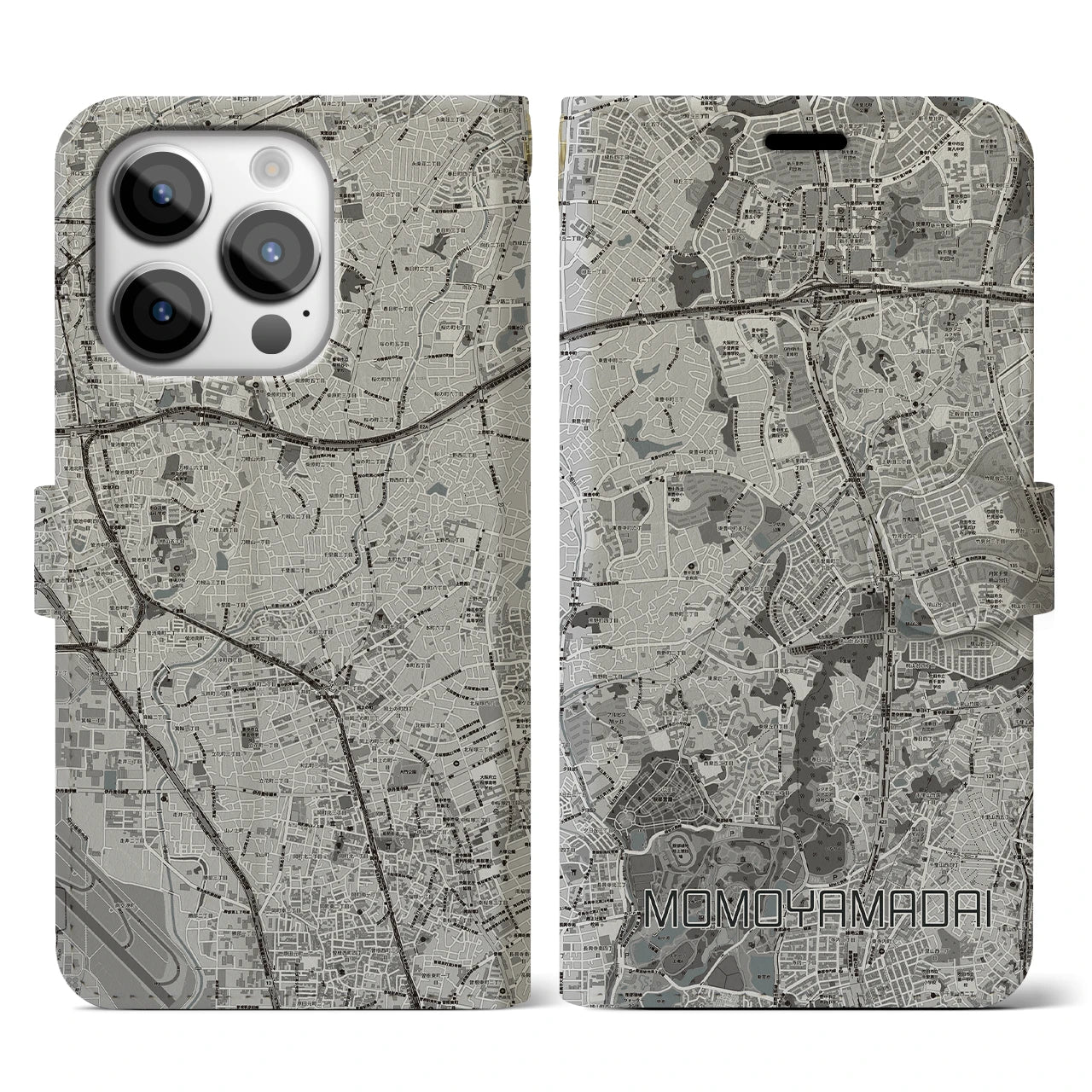 【桃山台(大阪府)】地図柄iPhoneケース(手帳タイプ)モノトーン・iPhone 14 Pro 用