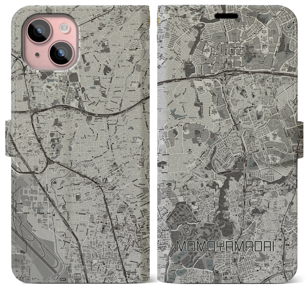 【桃山台(大阪府)】地図柄iPhoneケース(手帳タイプ)モノトーン・iPhone 15 Plus 用