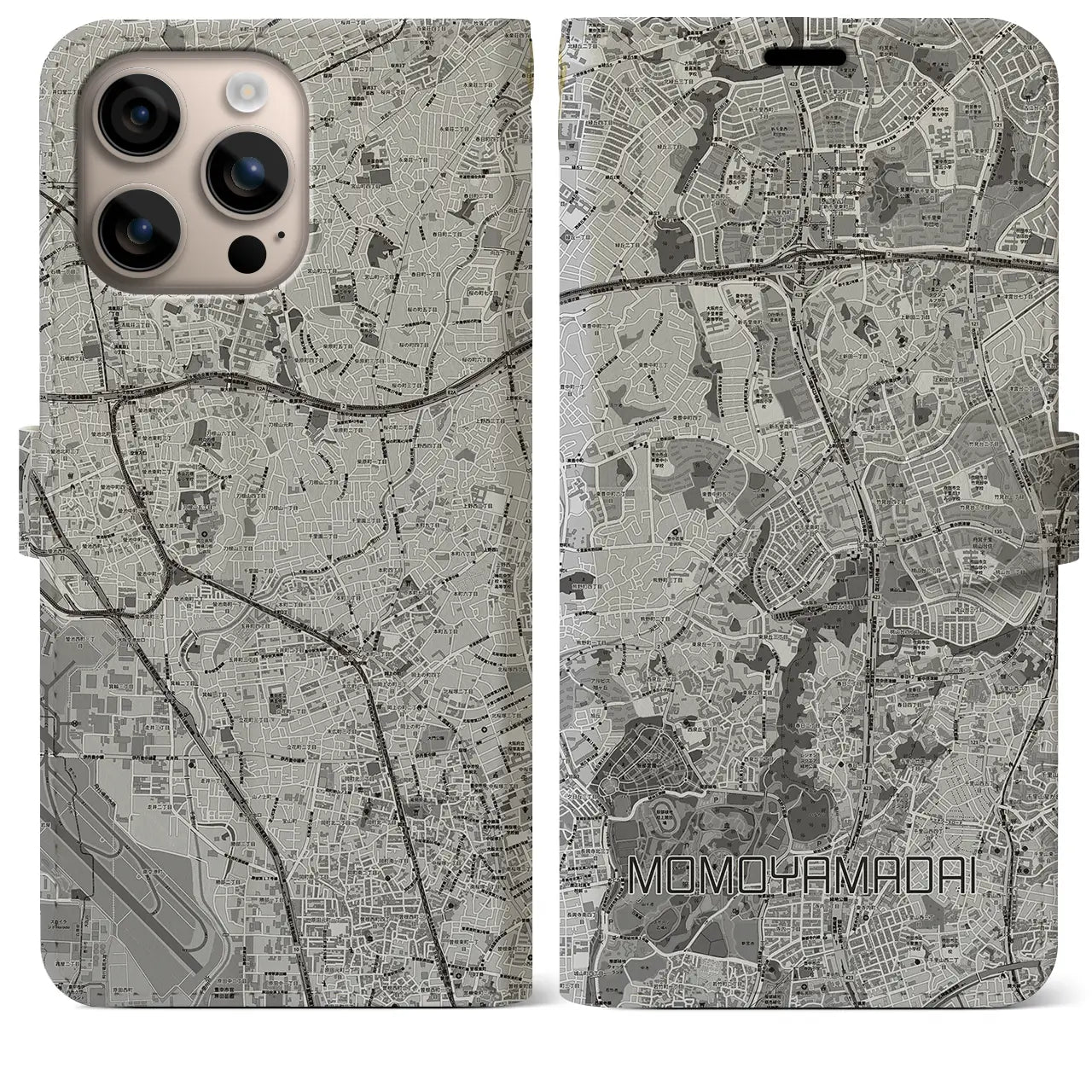 【桃山台(大阪府)】地図柄iPhoneケース(手帳タイプ)モノトーン・iPhone 16 Plus 用