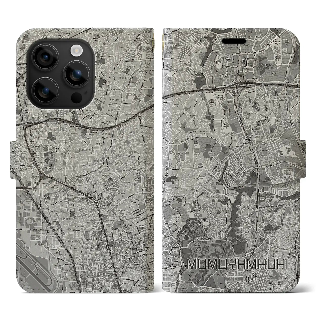 【桃山台(大阪府)】地図柄iPhoneケース(手帳タイプ)モノトーン・iPhone 16 用