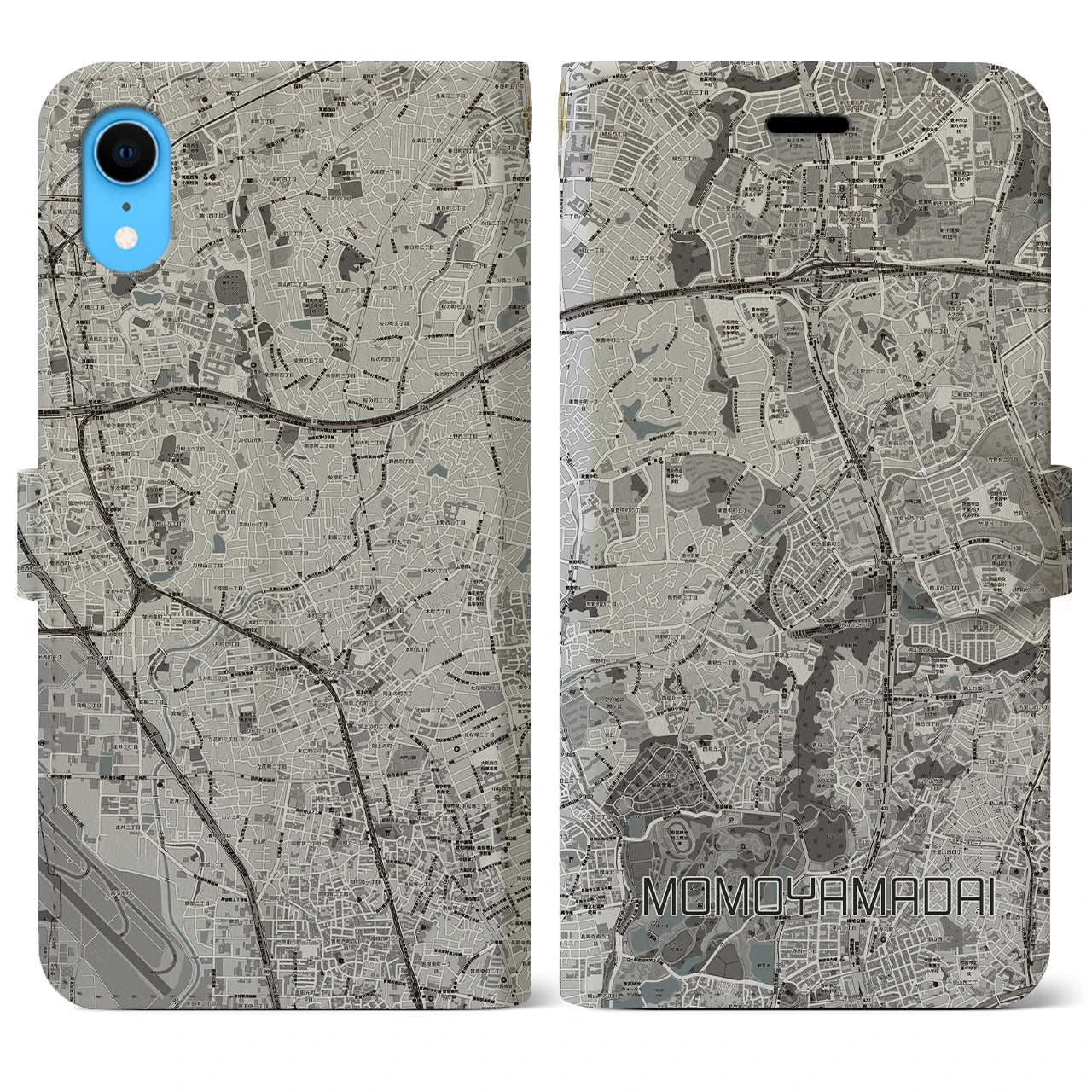 【桃山台(大阪府)】地図柄iPhoneケース(手帳タイプ)モノトーン・iPhone XR 用